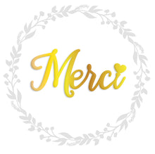 Afbeelding in Gallery-weergave laden, Metallic goud folie stickervel MERCI 24st contour gesneden letter sticker label MERCI

