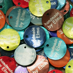 15mm Round shell hang labels / tags with your custom text printed 100 pcs ~ a set of mix colors