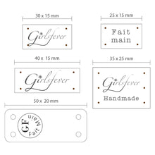 Load image into Gallery viewer, Personalized brown suede labels with gold chips, Handmade labels, Polyester fabric knitting labels set of 50 pcs
