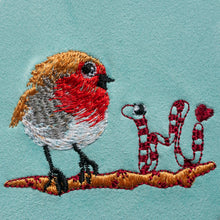 Load image into Gallery viewer, Red robin and worm says hi machine embroidery file, cute bird embroidery design, bird on a branch design
