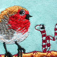 Load image into Gallery viewer, Red robin and worm says hi machine embroidery file, cute bird embroidery design, bird on a branch design
