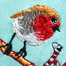 Load image into Gallery viewer, Red robin and worm says hi machine embroidery file, cute bird embroidery design, bird on a branch design
