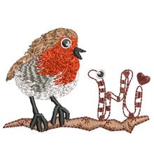 Load image into Gallery viewer, Red robin and worm says hi machine embroidery file, cute bird embroidery design, bird on a branch design
