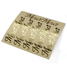 Load image into Gallery viewer, Merci text diecut in gold foil stickers
