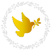 Load image into Gallery viewer, Peace dove icon gold foil stickers / dove icon stickers / Peace symbol stickers / dove with olive leaf stickers
