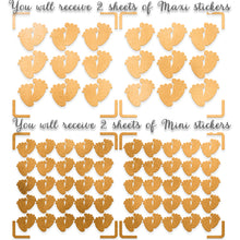 Load image into Gallery viewer, Newborn feet gold foil stickers, baby feet stickers, baby footprint diecut stickers, envelope closure stickers, diy birth announcements cards
